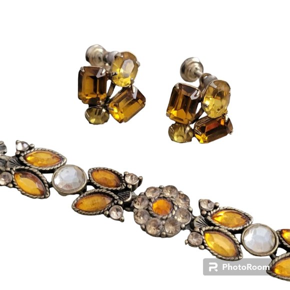 Vintage Heirloom Golden Sunflower Gemstone Bracelet and Screw-back Earrings Set - Picture 2 of 7